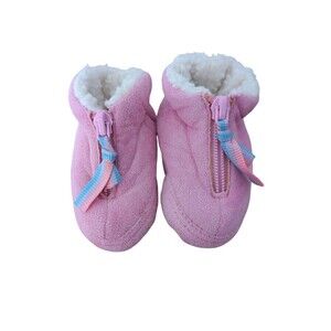 Vintage 90s Infant Pink Sherpa Slippers Heart with a Heart And Rainbow Newborn
